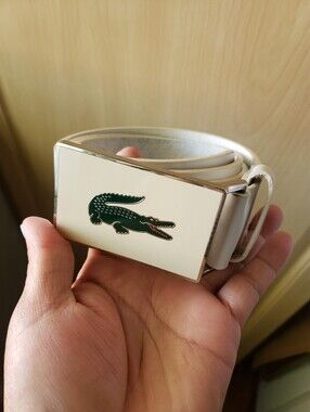 Lacoste White Genuine Leather Belt with Green Crocodile Logo Buckle